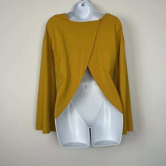 TopShop Mustard Yellow Bell Sleeve Open Back Raw Hem - Picture 3 of 6